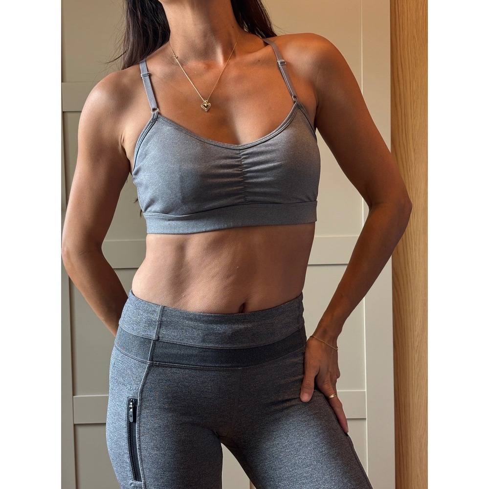 Prana Gray Macrame Lattice Racerback Sports Bra Ruched Front Yoga Top